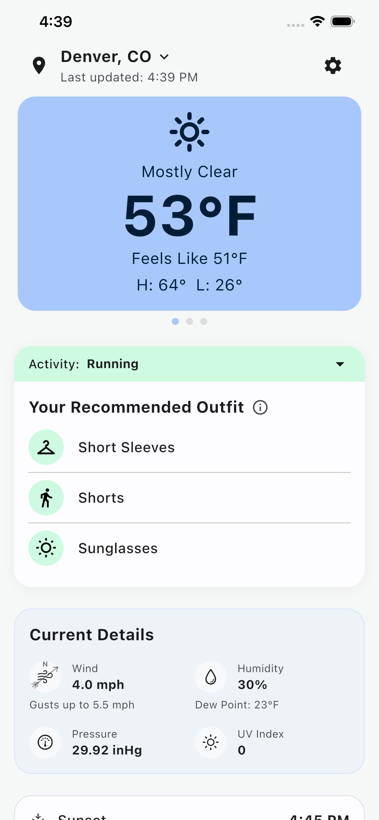 Fitcast home screen showing today's outfit recommendation.