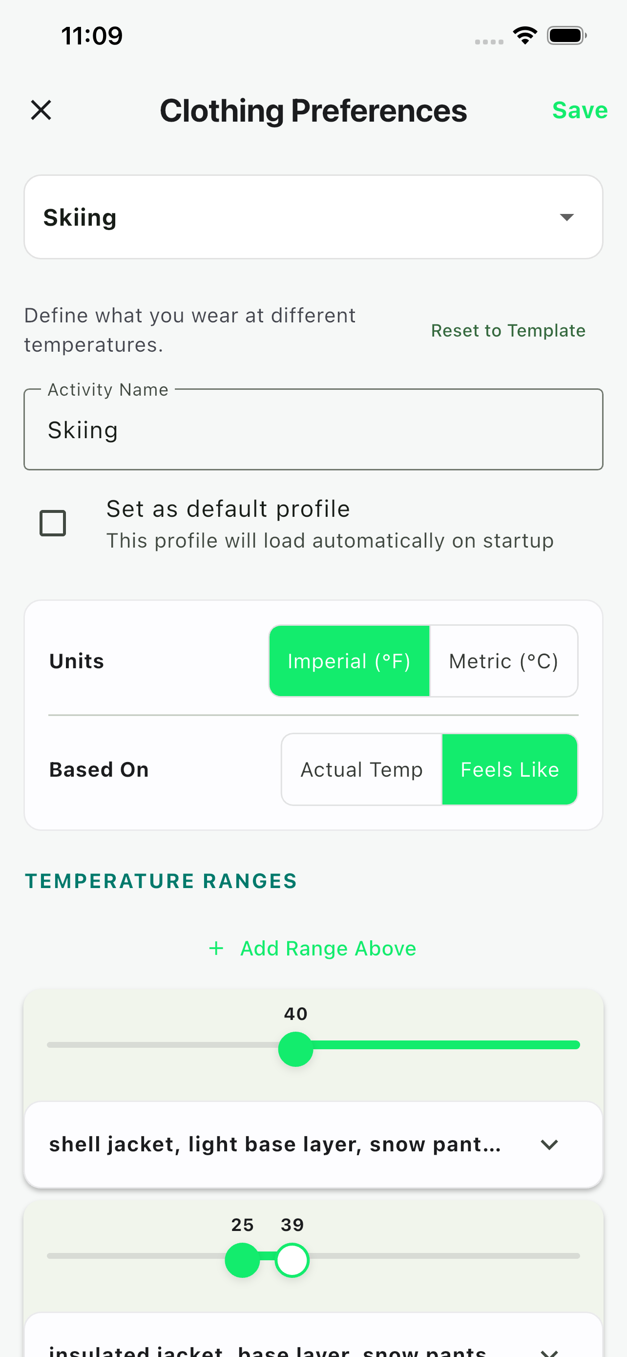 Fitcast comfort-range settings.